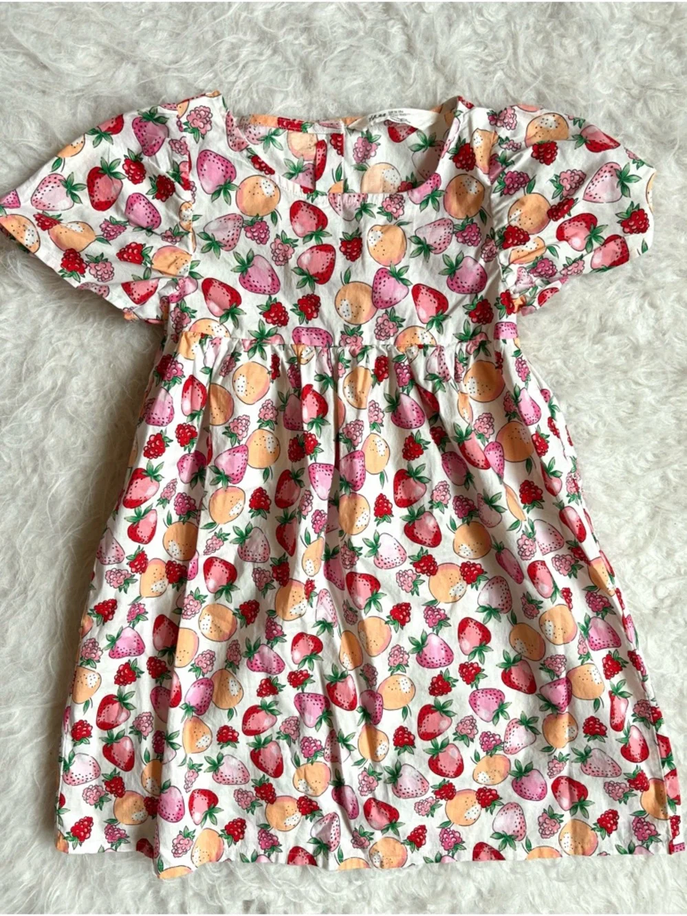 H&M Girls White Cotton Cottagecore Dress with Pink, Red & Peach Fruit AOP